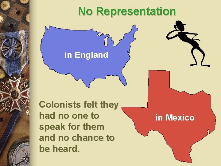 No Representation in England Colonists felt they had no one to speak for them