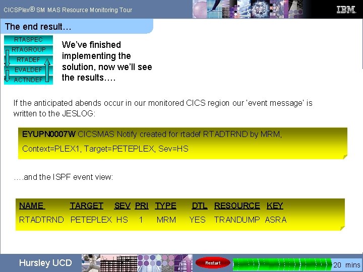 ® CICSPlex SM MAS Resource Monitoring Tour The end result… RTASPEC RTAGROUP RTADEF EVALDEF ® CICSPlex SM MAS Resource Monitoring Tour The end result… RTASPEC RTAGROUP RTADEF EVALDEF