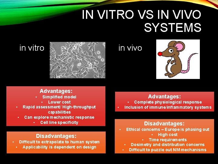 IN VITRO VS IN VIVO SYSTEMS in vitro in vivo Advantages: • Simplified model