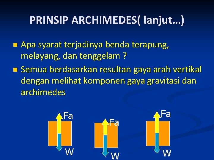 PRINSIP ARCHIMEDES( lanjut…) Apa syarat terjadinya benda terapung, melayang, dan tenggelam ? n Semua