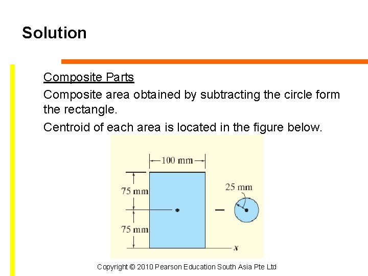 Solution Composite Parts Composite area obtained by subtracting the circle form the rectangle. Centroid