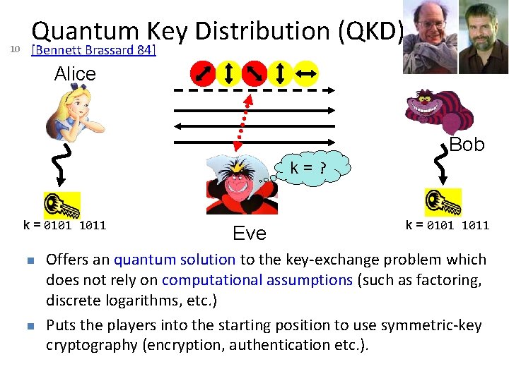 10 Quantum Key Distribution (QKD) [Bennett Brassard 84] Alice Bob k=? k = 0101