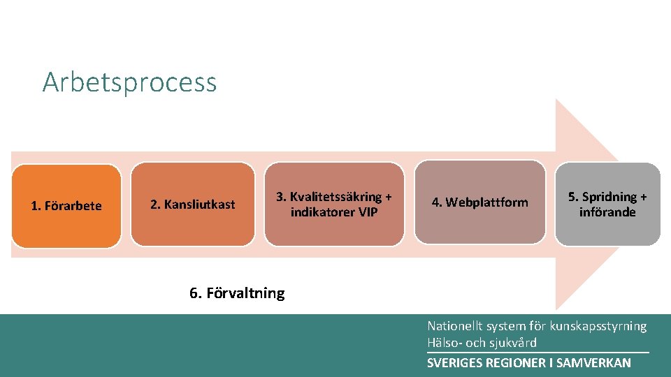 Arbetsprocess 1. Förarbete 2. Kansliutkast 3. Kvalitetssäkring + indikatorer VIP 4. Webplattform 5. Spridning