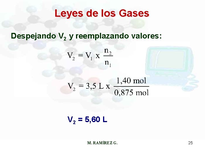 Leyes de los Gases Despejando V 2 y reemplazando valores: V 2 = 5,