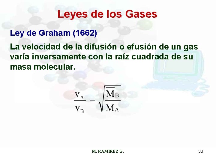 Leyes de los Gases Ley de Graham (1662) La velocidad de la difusión o