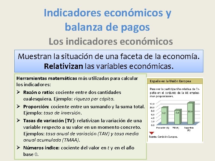 Indicadores económicos y balanza de pagos Los indicadores económicos Muestran la situación de una