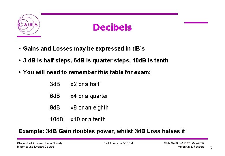 Decibels • Gains and Losses may be expressed in d. B’s • 3 d.