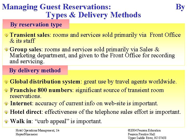 Managing Guest Reservations: Types & Delivery Methods By By reservation type Transient sales: rooms