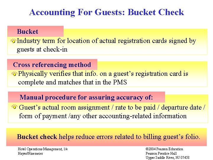 Accounting For Guests: Bucket Check Bucket Industry term for location of actual registration cards