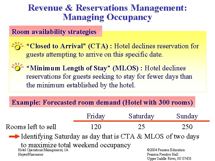 Revenue & Reservations Management: Managing Occupancy Room availability strategies “Closed to Arrival” (CTA) :