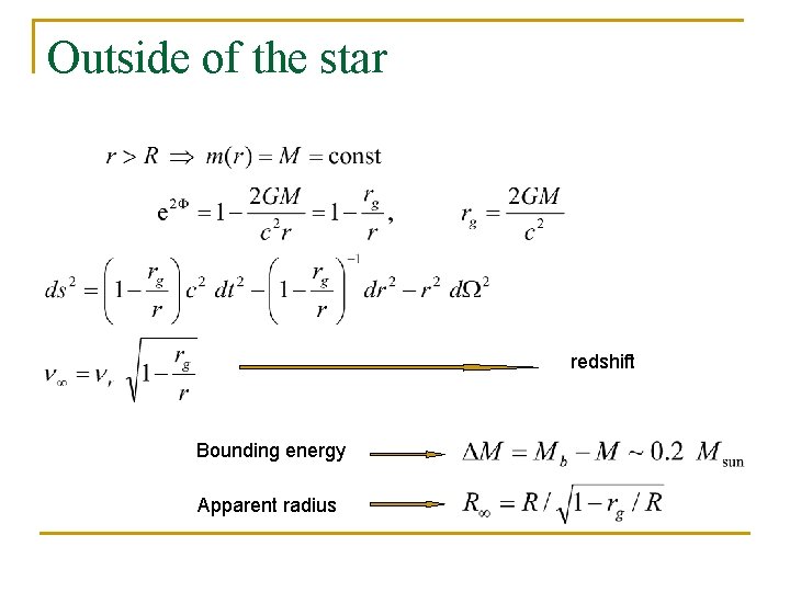 Outside of the star redshift Bounding energy Apparent radius 