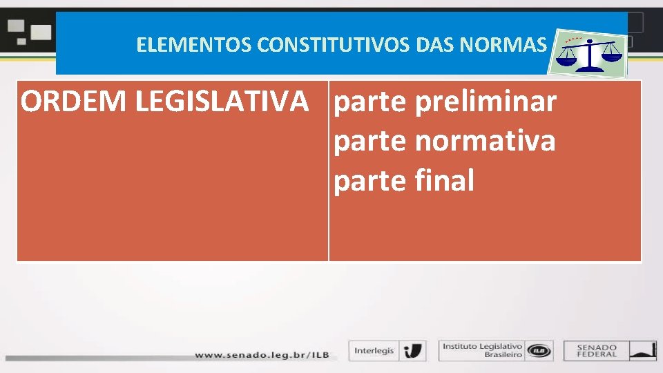 ELEMENTOS CONSTITUTIVOS DAS NORMAS ORDEM LEGISLATIVA parte preliminar parte normativa parte final 