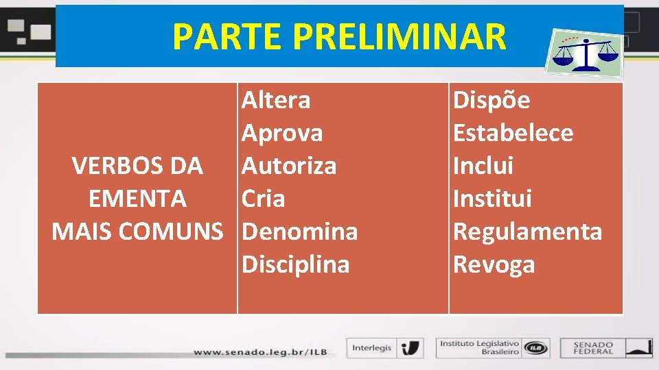 PARTE PRELIMINAR Altera Aprova VERBOS DA Autoriza EMENTA Cria MAIS COMUNS Denomina Disciplina Dispõe