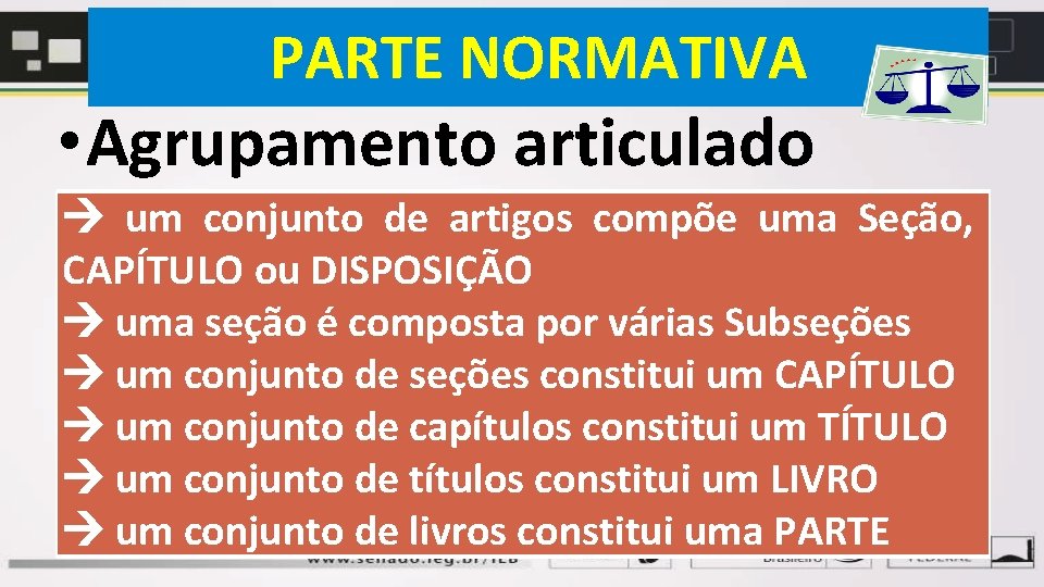 PARTE NORMATIVA • Agrupamento articulado um conjunto de artigos compõe uma Seção, CAPÍTULO ou