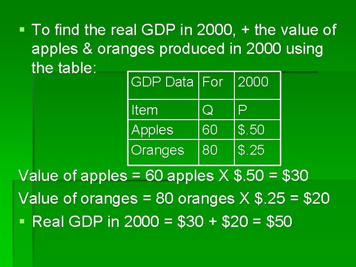 § To find the real GDP in 2000, + the value of apples &