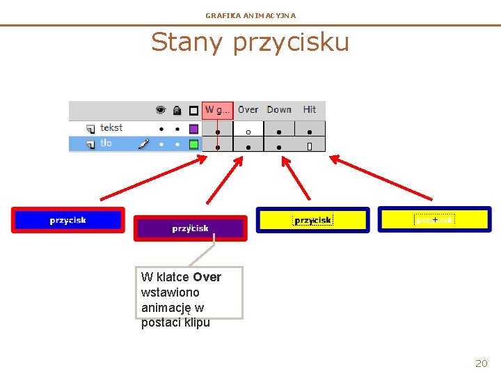 GRAFIKA ANIMACYJNA Stany przycisku W klatce Over wstawiono animację w postaci klipu 20 