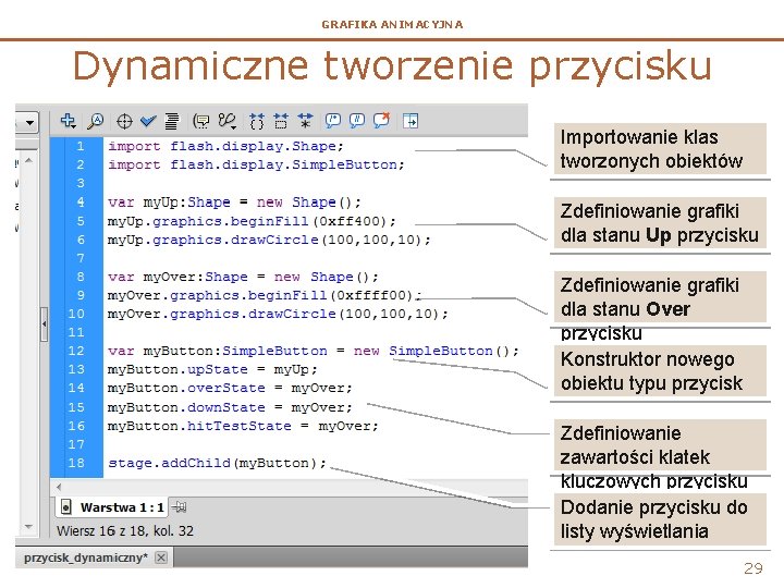 GRAFIKA ANIMACYJNA Dynamiczne tworzenie przycisku Importowanie klas tworzonych obiektów Zdefiniowanie grafiki dla stanu Up