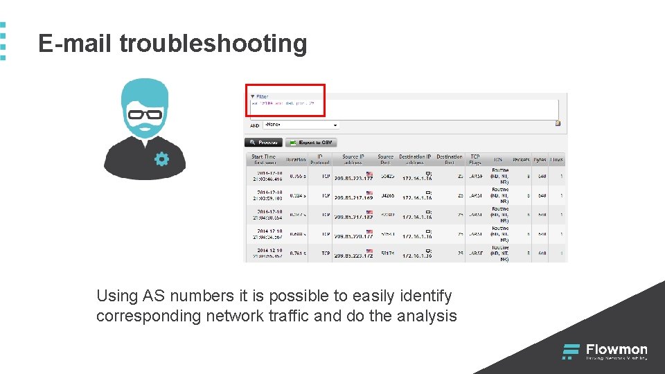 E-mail troubleshooting Using AS numbers it is possible to easily identify corresponding network traffic E-mail troubleshooting Using AS numbers it is possible to easily identify corresponding network traffic