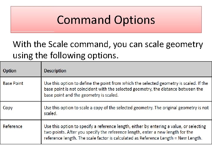 Command Options With the Scale command, you can scale geometry using the following options.