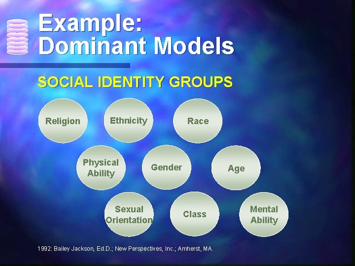 Example: Dominant Models SOCIAL IDENTITY GROUPS Religion Ethnicity Physical Ability Race Gender Sexual Orientation