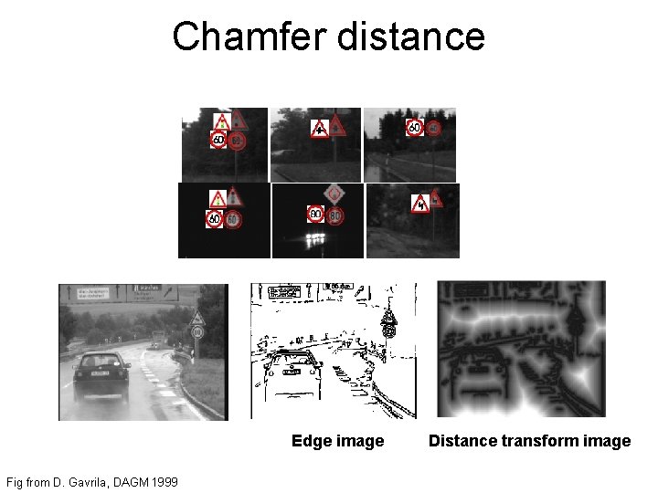 Chamfer distance Edge image Fig from D. Gavrila, DAGM 1999 Distance transform image 