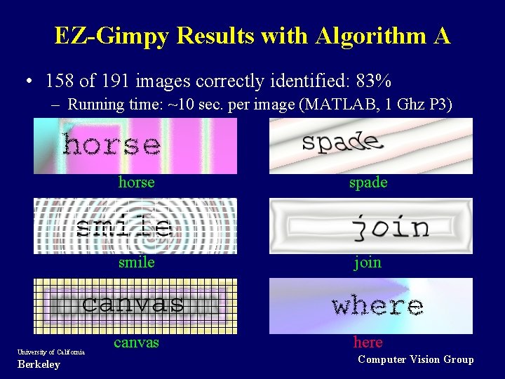 EZ-Gimpy Results with Algorithm A • 158 of 191 images correctly identified: 83% –