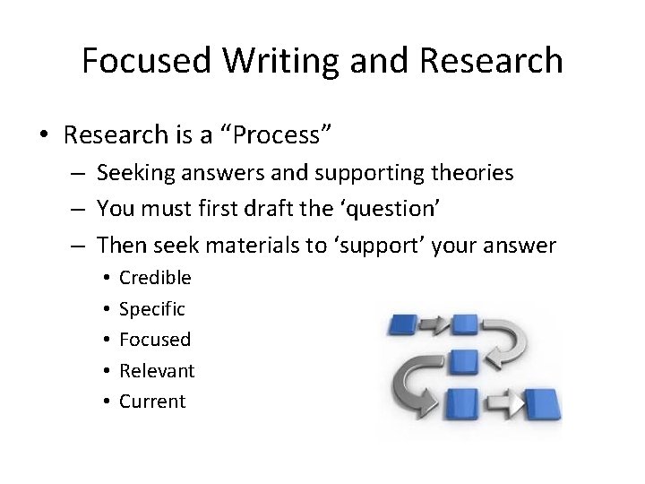 Focused Writing and Research • Research is a “Process” – Seeking answers and supporting