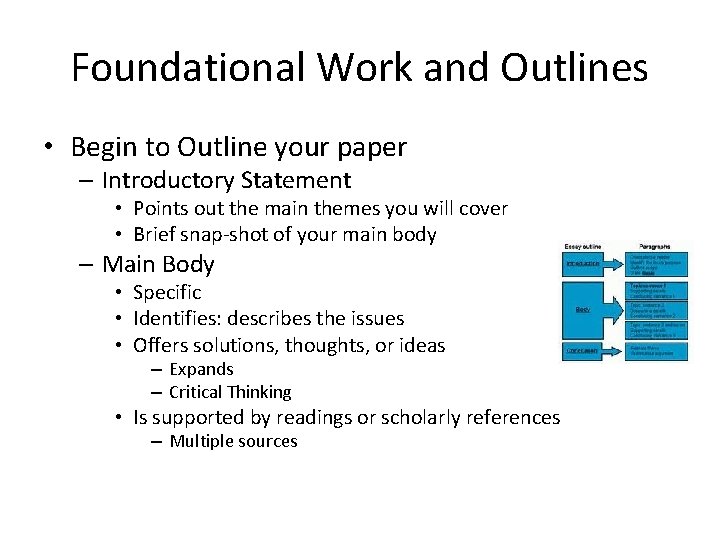 Foundational Work and Outlines • Begin to Outline your paper – Introductory Statement •