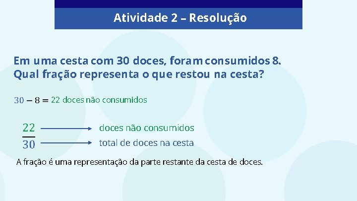 Atividade 2 – Resolução Em uma cesta com 30 doces, foram consumidos 8. Qual