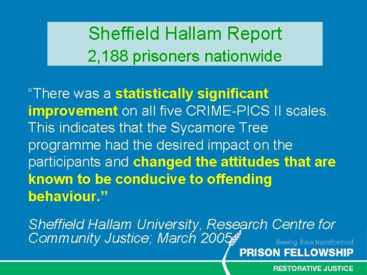 Sheffield Hallam Report 2, 188 prisoners nationwide “There was a statistically significant improvement on