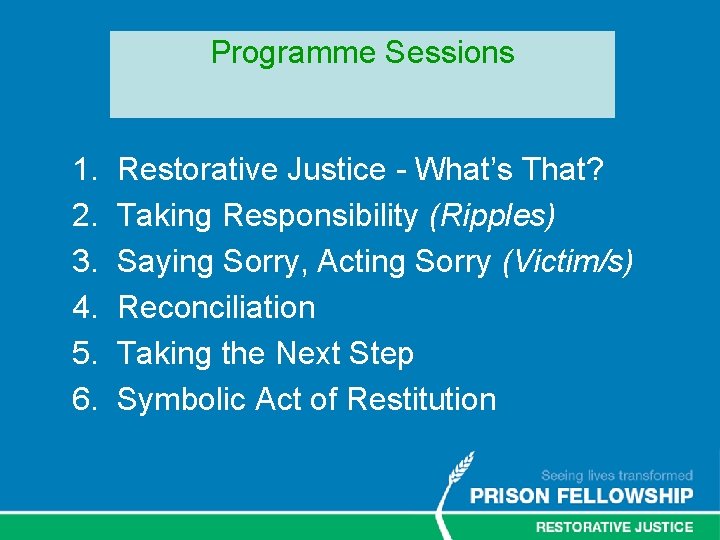 Programme Sessions 1. Restorative Justice - What’s That? 2. Taking Responsibility (Ripples) 3. Saying