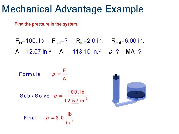 Mechanical Advantage Example Find the pressure in the system. Fin=100. lb Ain=12. 57 in.