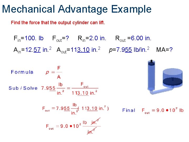 Mechanical Advantage Example Find the force that the output cylinder can lift. Fin=100. lb