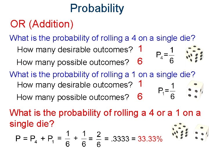 Probability OR (Addition) What is the probability of rolling a 4 on a single