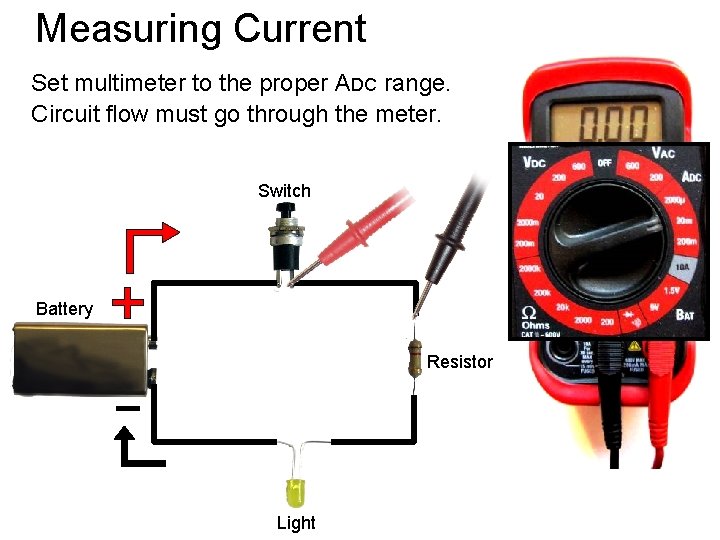 Measuring Current Set multimeter to the proper ADC range. Circuit flow must go through