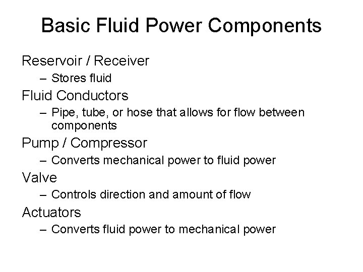Basic Fluid Power Components Reservoir / Receiver – Stores fluid Fluid Conductors – Pipe,