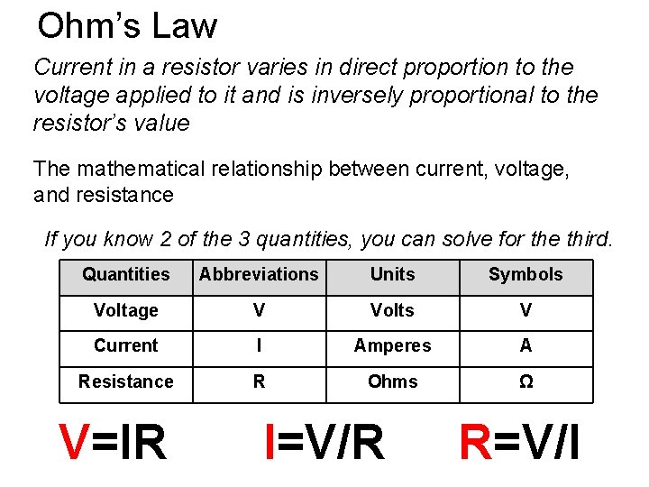 Ohm’s Law Current in a resistor varies in direct proportion to the voltage applied