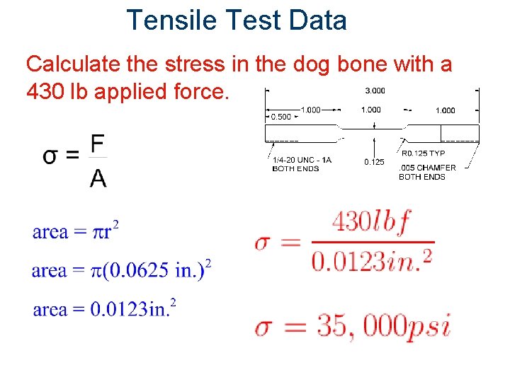 Tensile Test Data Calculate the stress in the dog bone with a 430 lb