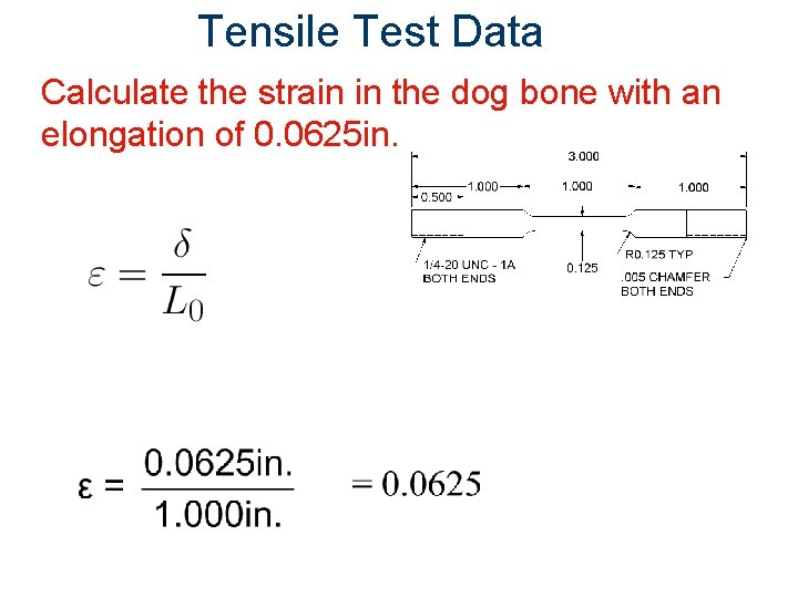 Tensile Test Data Calculate the strain in the dog bone with an elongation of