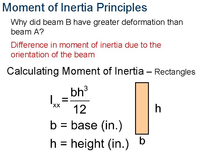 Moment of Inertia Principles Why did beam B have greater deformation than beam A?