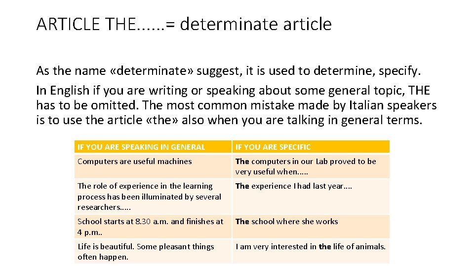 ARTICLE THE. . . = determinate article As the name «determinate» suggest, it is