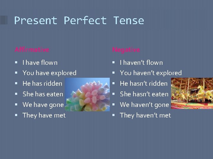 Present Perfect Tense Affirmative Negative I have flown I haven’t flown You have explored