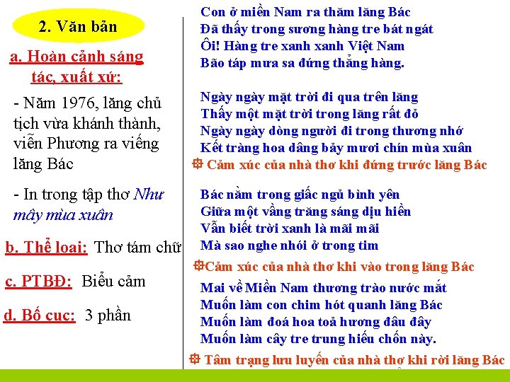 2. Văn bản a. Hoàn cảnh sáng tác, xuất xứ: - Năm 1976, lăng