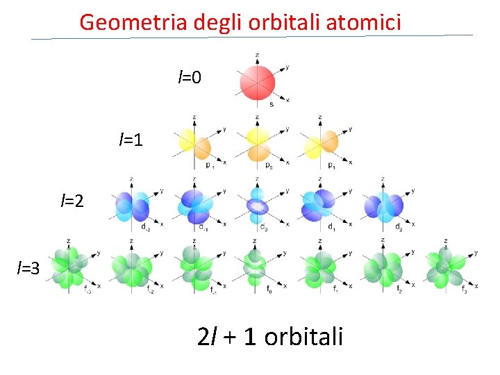 Geometria degli orbitali atomici l=0 l=1 l=2 l=3 2 l + 1 orbitali 