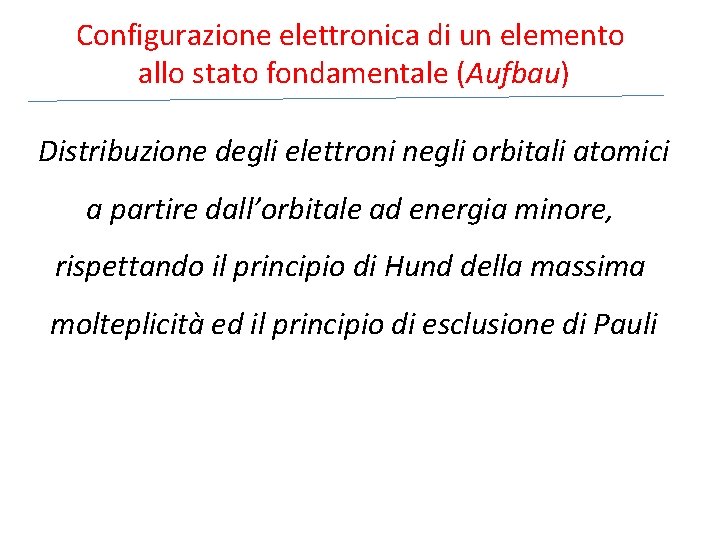Configurazione elettronica di un elemento allo stato fondamentale (Aufbau) Distribuzione degli elettroni negli orbitali