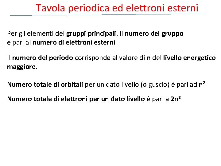 Tavola periodica ed elettroni esterni Per gli elementi dei gruppi principali, il numero del