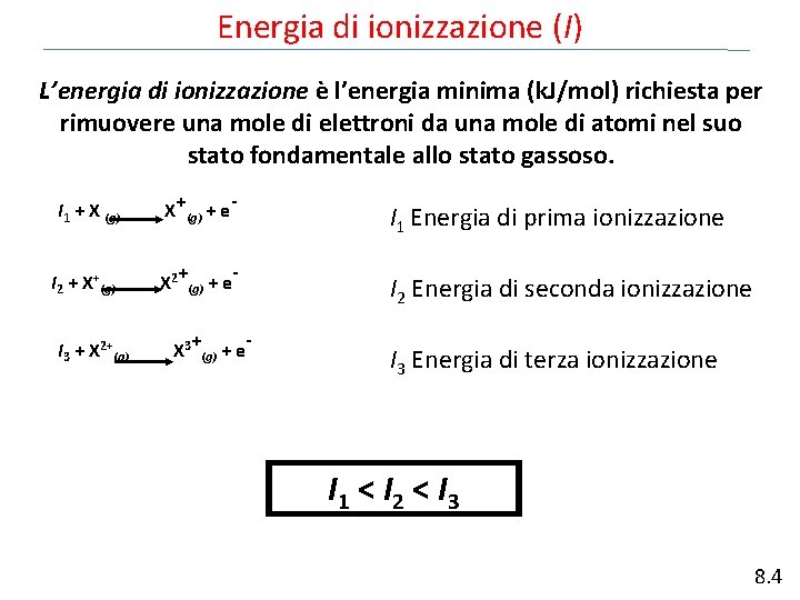 Energia di ionizzazione (I) L’energia di ionizzazione è l’energia minima (k. J/mol) richiesta per