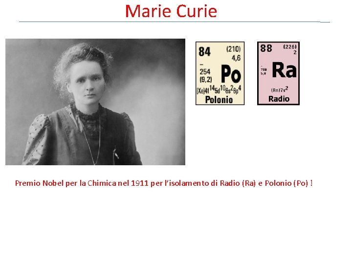 Marie Curie Premio Nobel per la Chimica nel 1911 per l’isolamento di Radio (Ra)