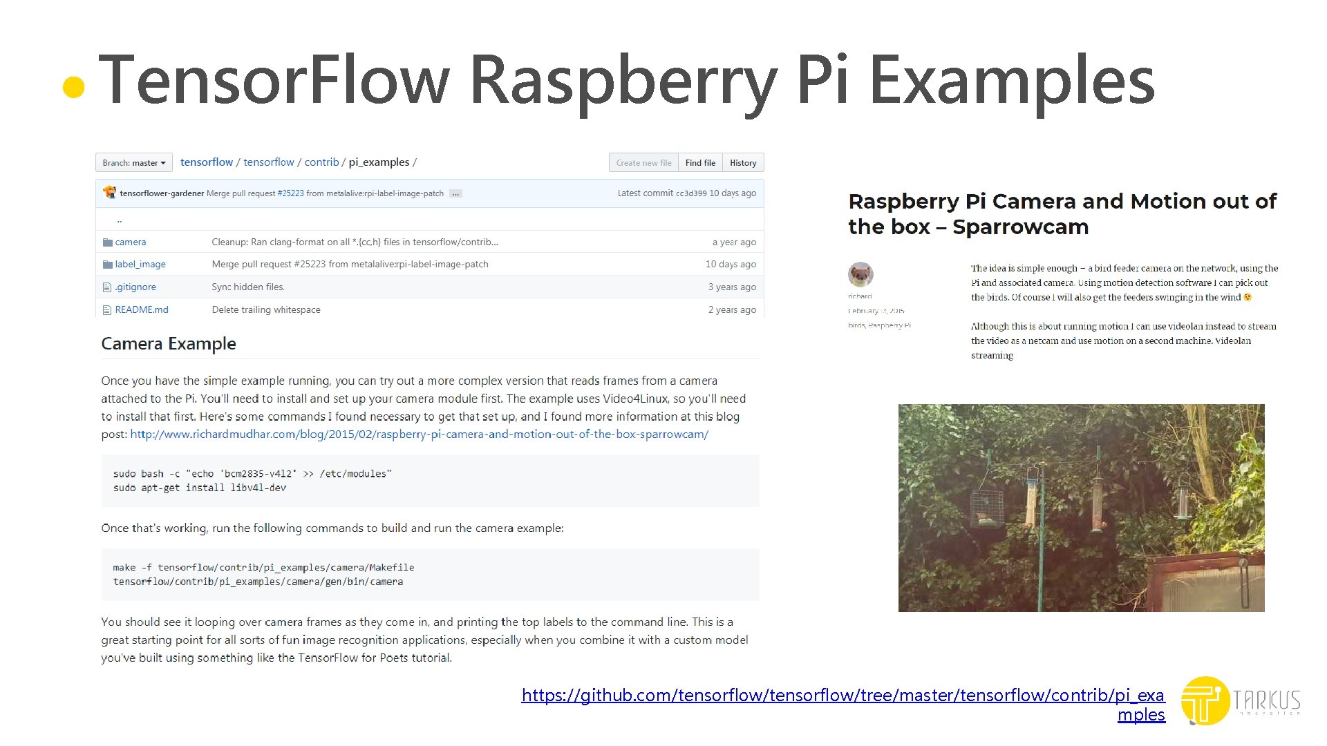 Tensor. Flow Raspberry Pi Examples https: //github. com/tensorflow/tree/master/tensorflow/contrib/pi_exa mples 