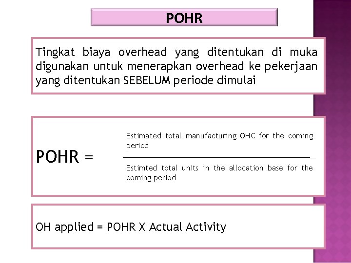 POHR Tingkat biaya overhead yang ditentukan di muka digunakan untuk menerapkan overhead ke pekerjaan